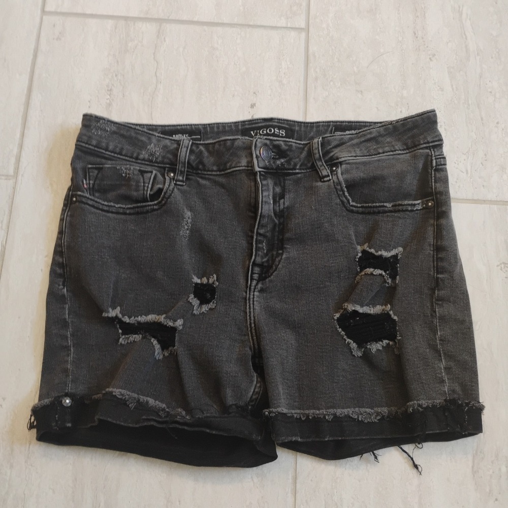 Vigoss Marley Distressed Denim Shorts Womens W29 Black Wash Mid-Rise Raw Hem Y2K